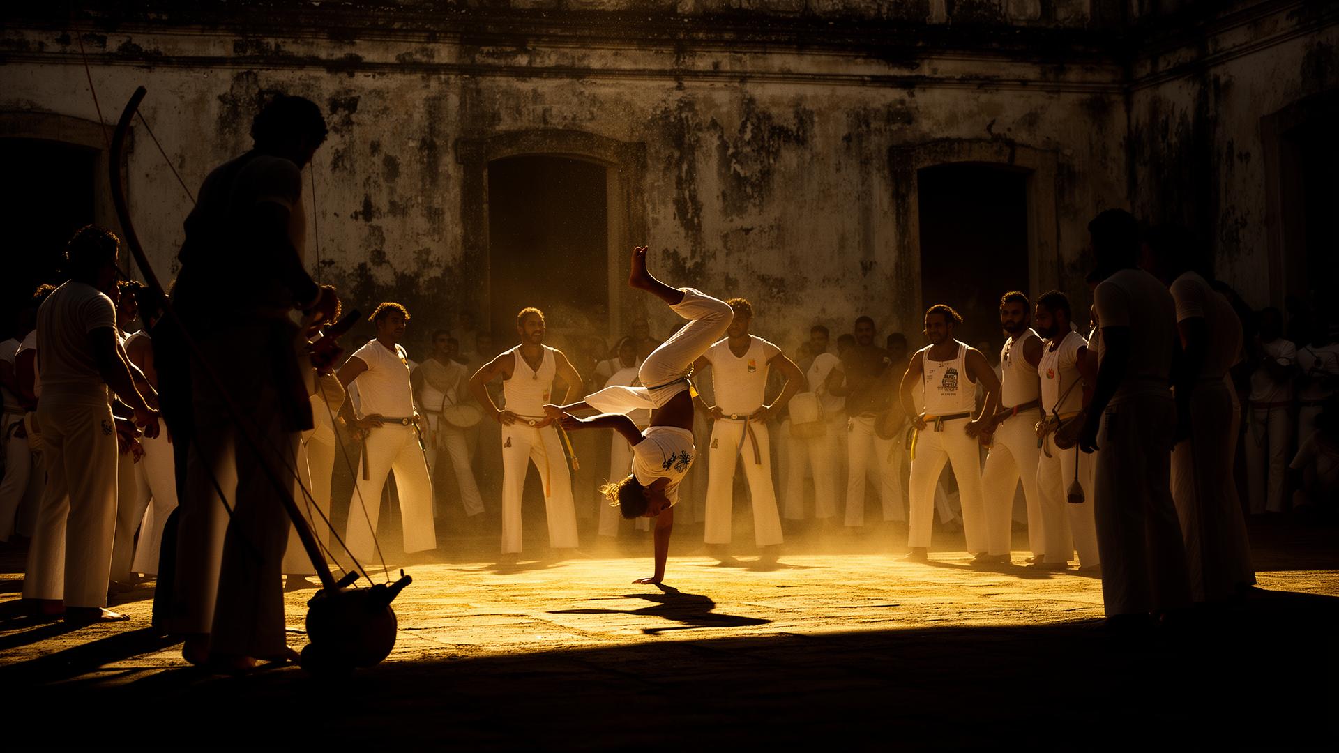 Roda de capoeira ao pôr do sol em um pátio histórico